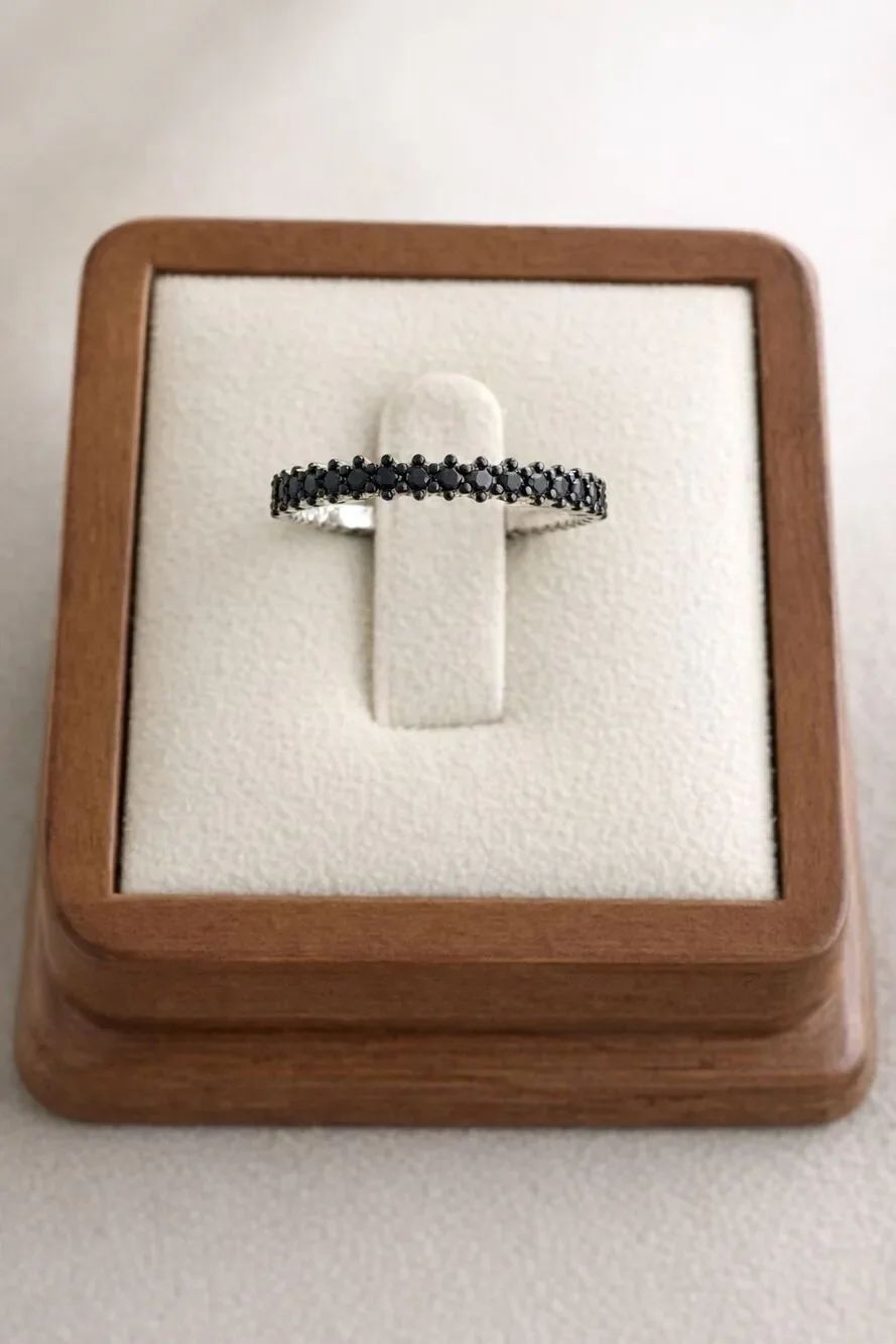 Striking Black Gemstone Eternity Band - Slim Sterling Silver Stacking Ring Size